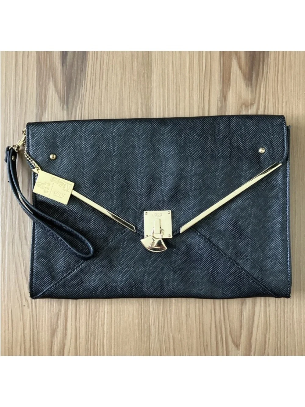 Lulu Guinness Handbag Black & Gold Envelope Bag Clutch Wristlet Vegan Embossed..